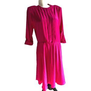 Vintage Carriage Court Hot Pink Swing Dress Sz 16 Petite Silky Midi 3/4 Sleeve
